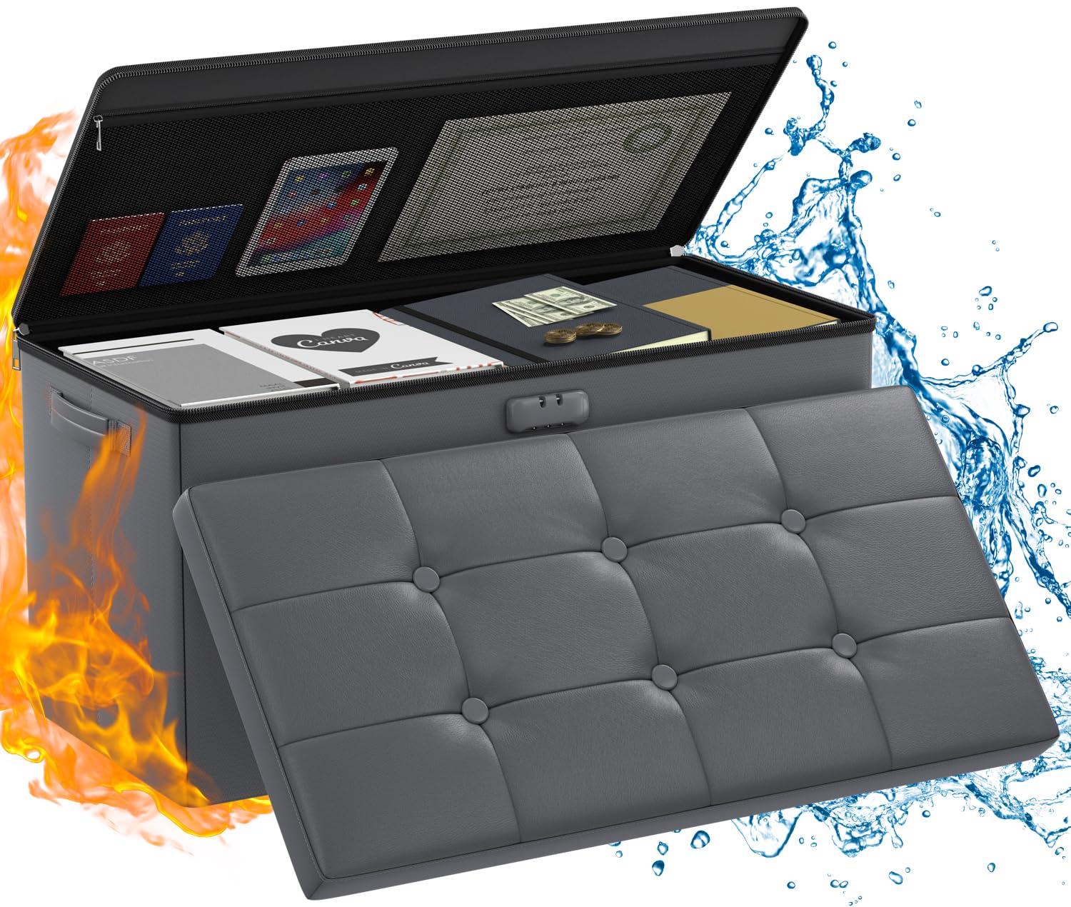 ENGPOW Storage Ottoman Bench,Fireproof Folding Bench with Lock,30 Inches Fire＆Water Resistant Storage Chest Foot Rest Stool Leather Bedroom Ottoman