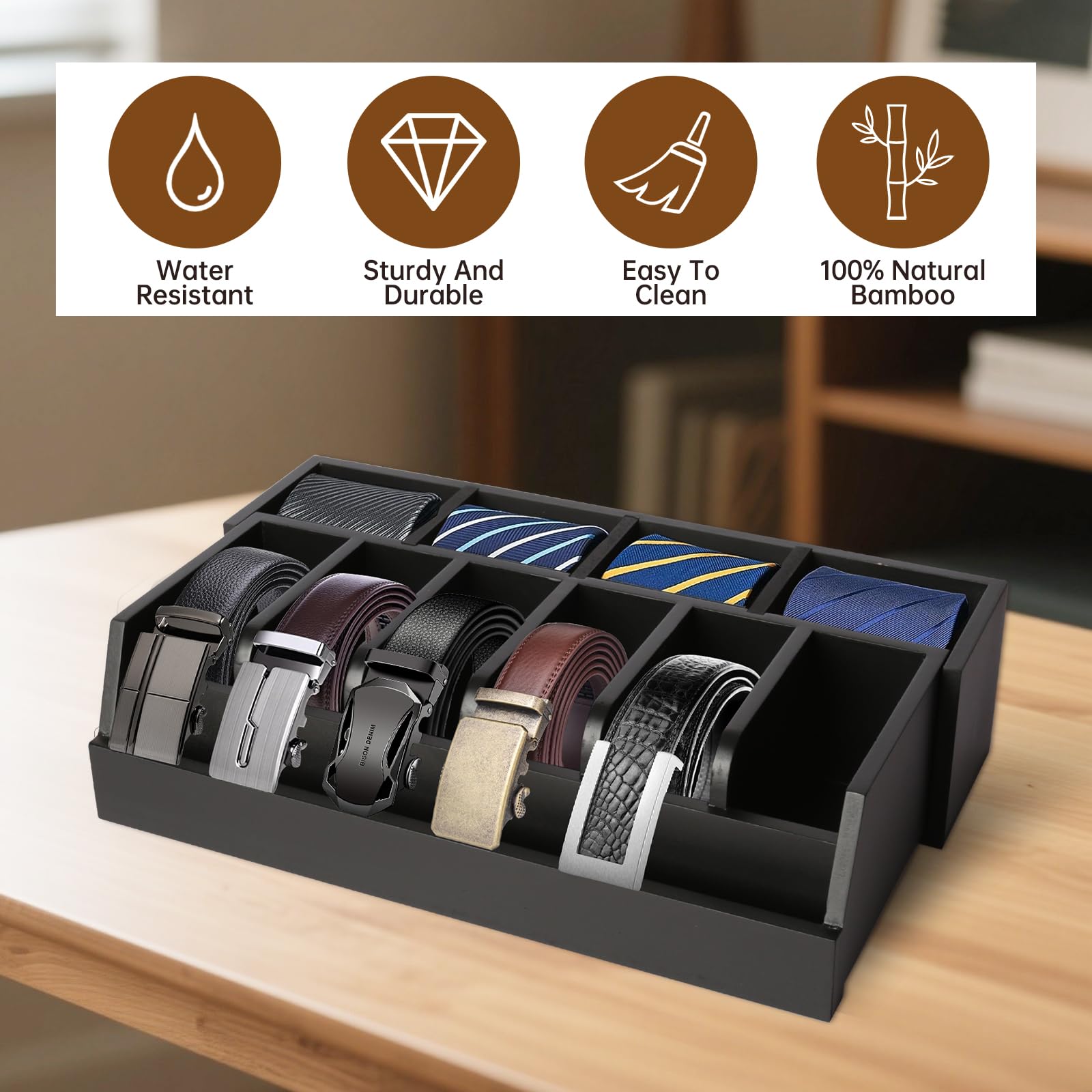 Niciksty Wood Belt Organizer, 6 Grids Belt Rack with 4 Grids Tie Rack - Image 4