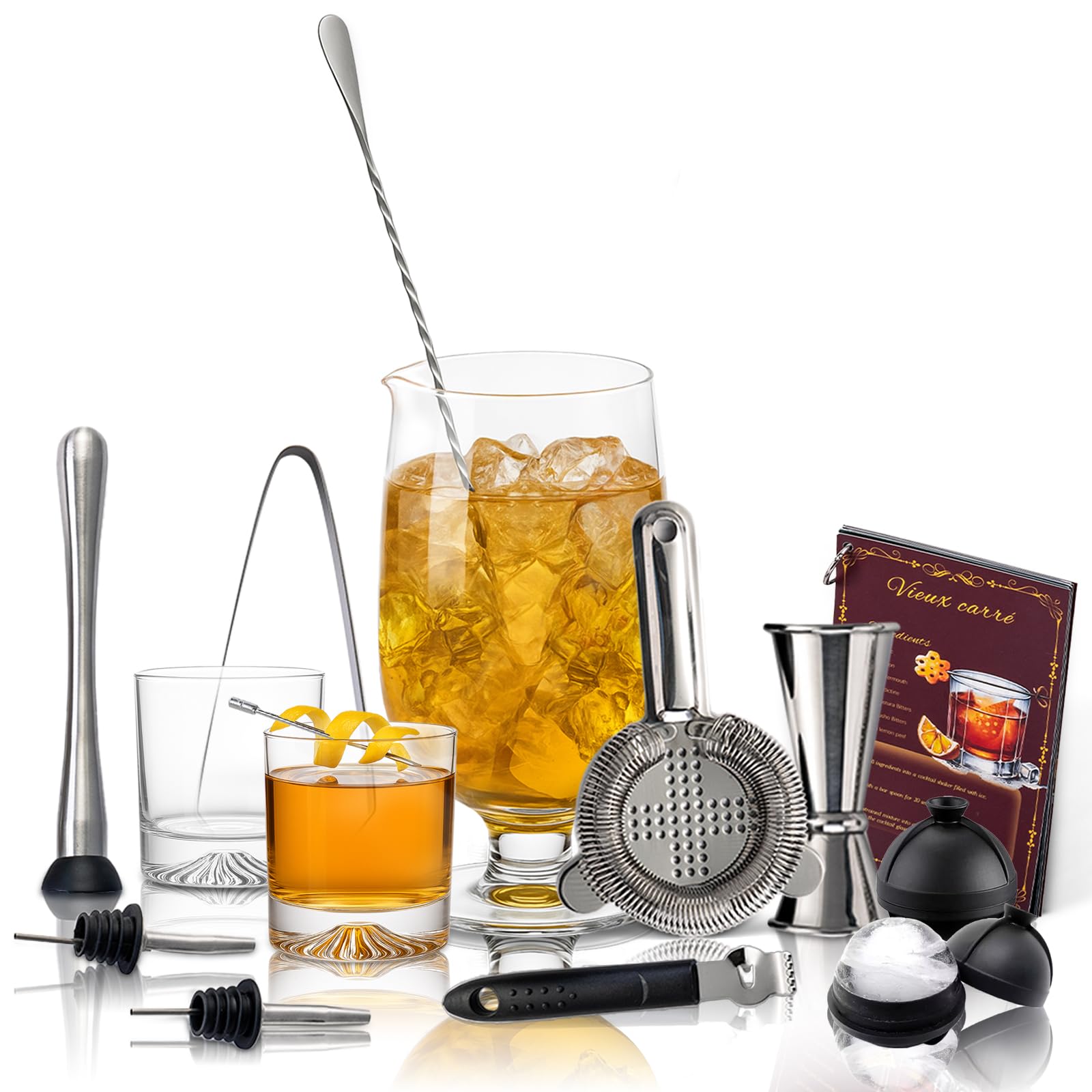 USEEKRIL 16Pcs Bartender kit with 2 Whiskey Glass,Old Fashioned Kit with 28oz Bar Mixing Glass,Cocktail Mixing Glass Set for Home Professional Use & Gifts
