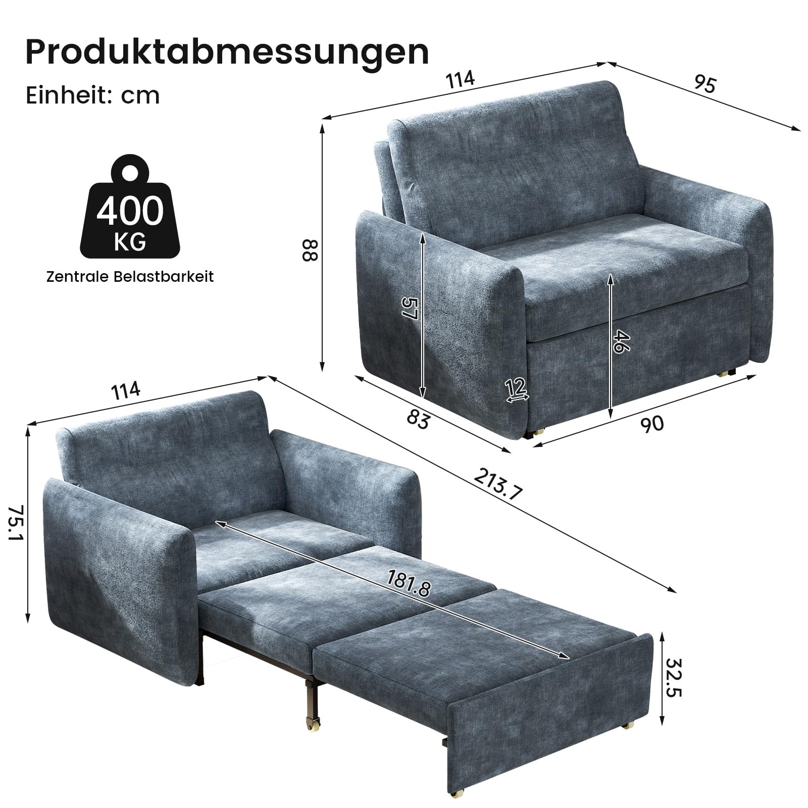 Miuuod Convertible Sleeper Sofa Bed, 2-in-1 Pull-Out Loveseat Couch, 3-in-1 Convertible Chair for Living Room, Bedroom, Apartment, Guest Room