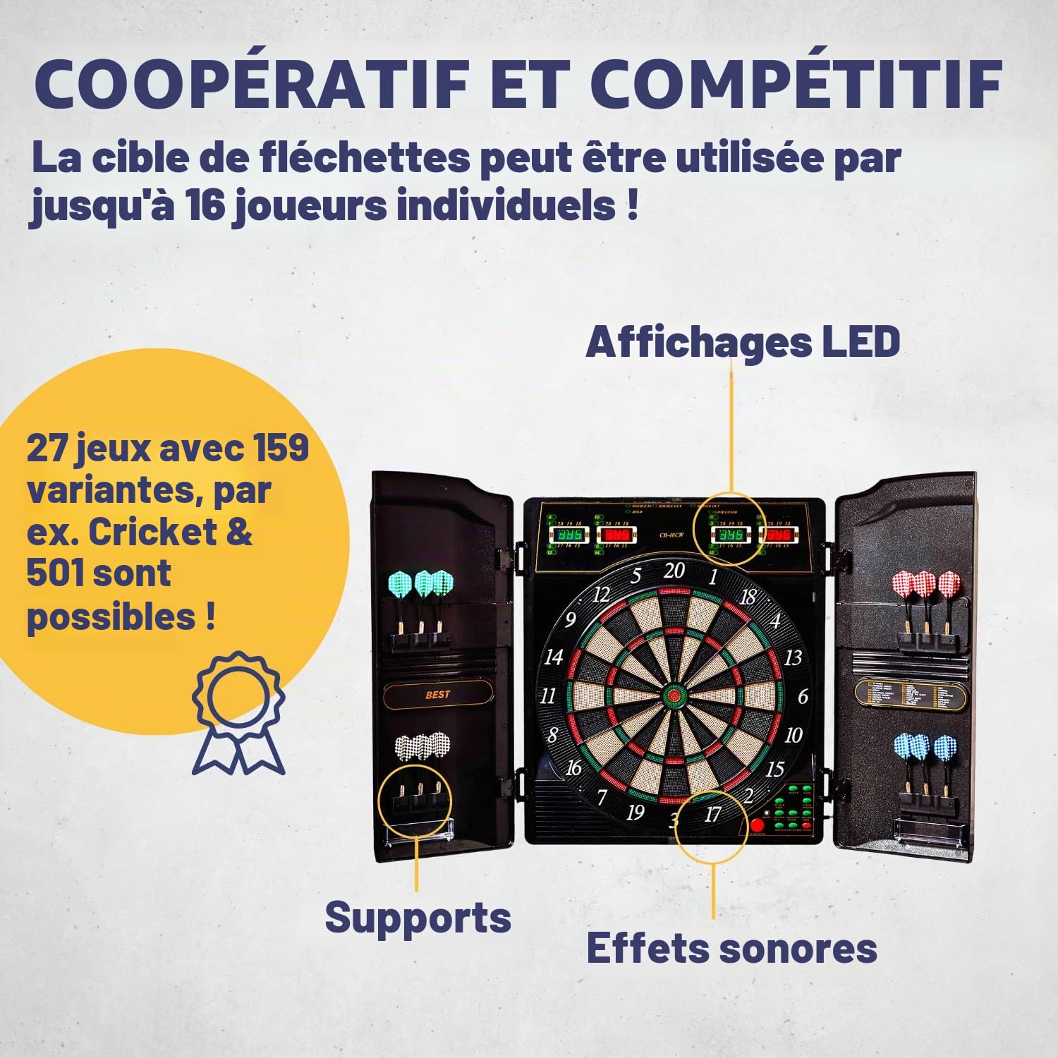 Best Sporting Oxford Evolution I Cible de Fléchettes Électronique avec Armoire Aspect Noyer, 27 Jeux & 159 Variantes, jusqu'à 16 Joueurs, 12 Fléchettes et Pointes de Rechange Incluses