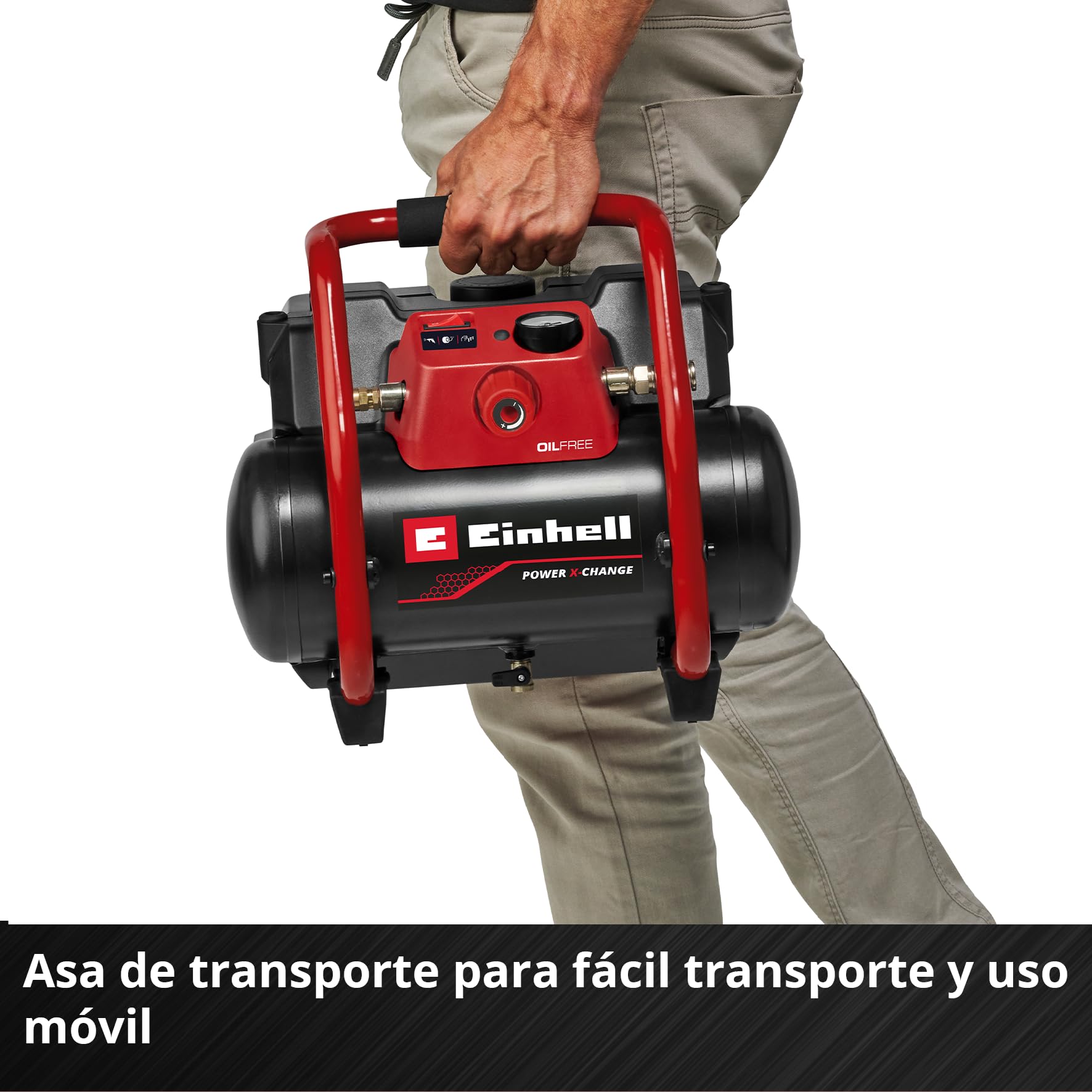 Einhell Compresor con batería TE-AC 36/150 Li OF-Solo Power X-Change (36 V, máx. 8 bar, depósito de 6 l, potencia de aspiración 150 l/min, manómetro, sin aceite, sin batería) | Bomba eléctrica inalámbrica para talleres con tanque de 6L, sin batería TE-AC