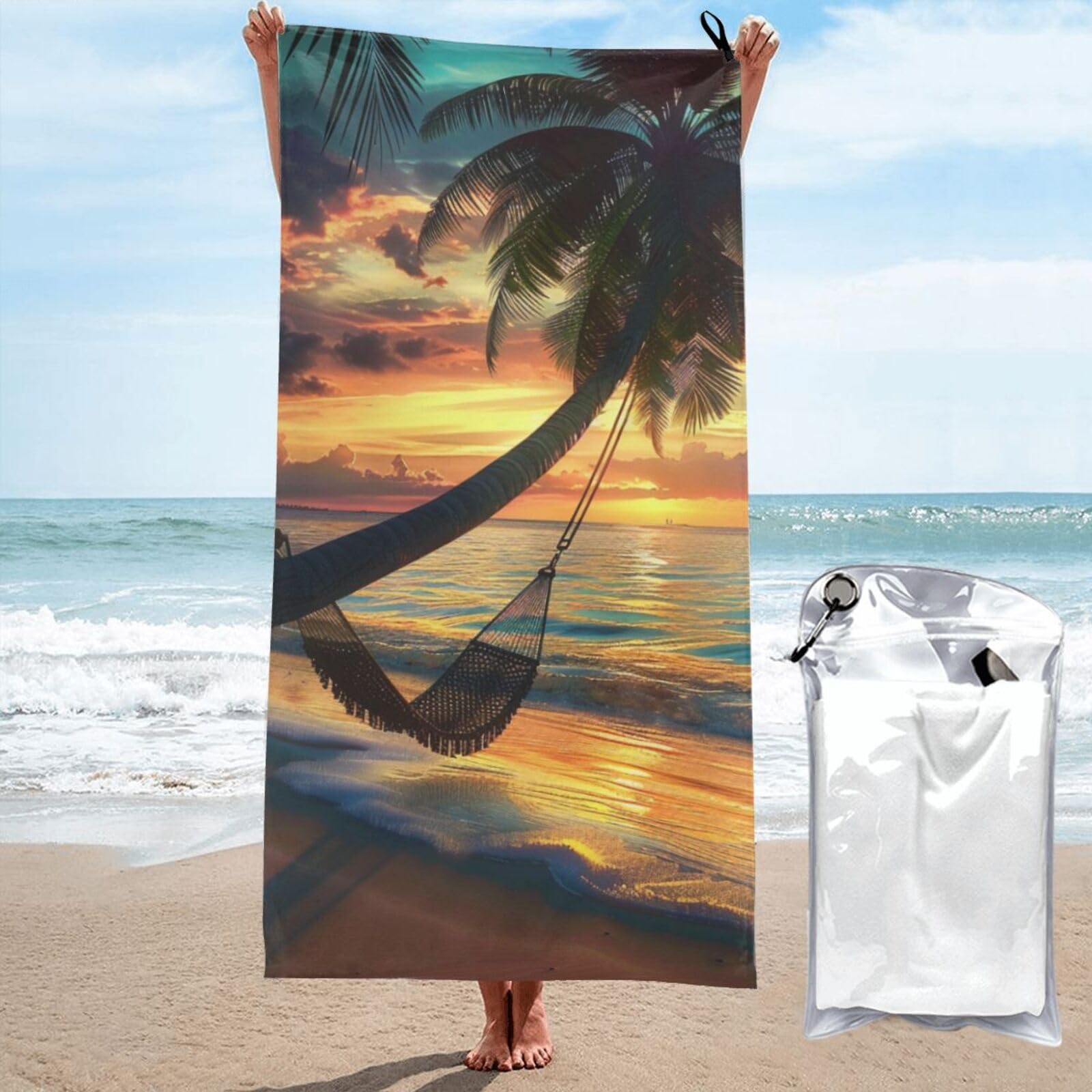 kkvhhyuo Microfiber Beach Towel, Coconut Beach Sunset Hammock Printed Lightweight Quick Dry Travel Bath Sheet with Compact Carry Bag for Swimming Yoga Camping Gym,31.5"x63"