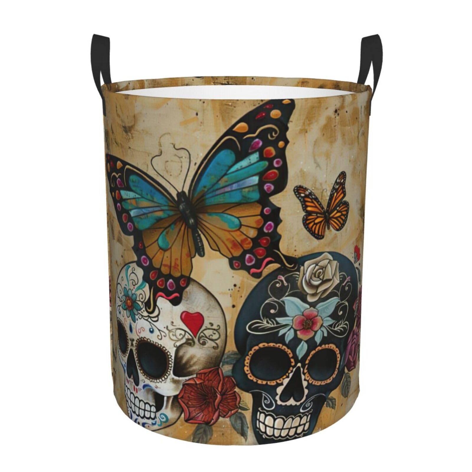 M Collapsible Laundry Hamper Round sugar skulls butterfly Print Storage