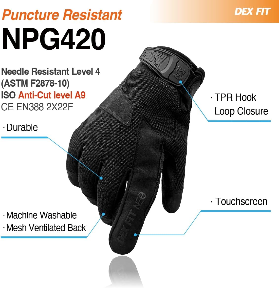 DEX FIT Puncture & Needle, A9 Cut Resistant Gloves NPG420 - Steel Layers, Firm Grip, PU Leather Patch, Touchscreen, Comfortable & Durable Work Gloves for Police, Airsoft; Black XL 1 Pair - Image 2