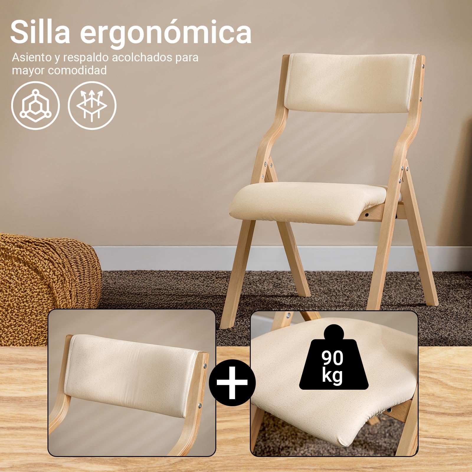 SoBuy Sillas Comedor Pack 2 de Madera, Acolchadas y montadas, 48x80x54cm | Silla Plegable de Madera ergonómica & compacta, fundas extraíbles, carga de 90 kg, abedul, oficina & balcón, FST40-Wx2