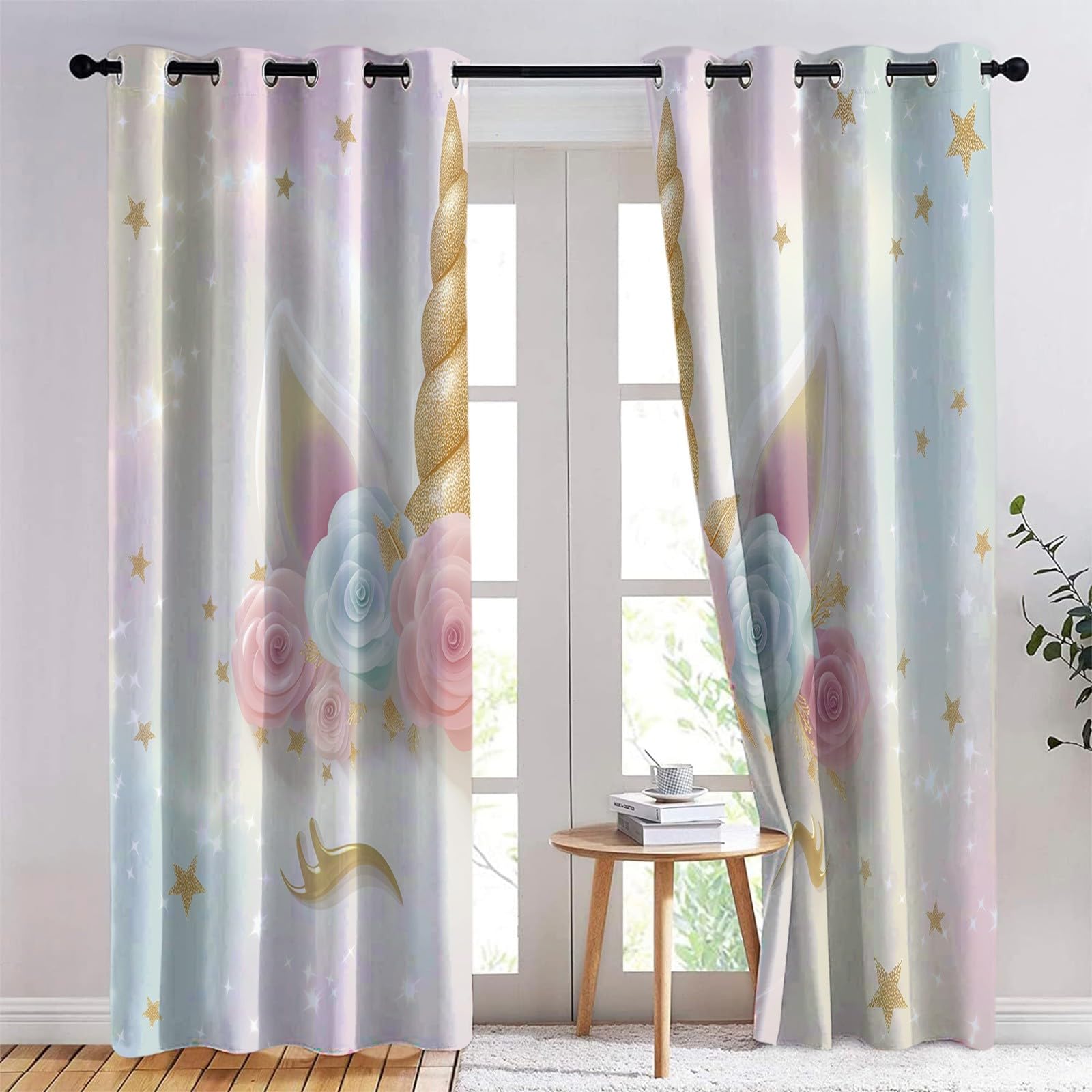 Générique Rideaux Occultants Enfant 3D Licorne 110 x 215 cm (L x H), Isolation Phonique à Œillets Fleur Étoile Magie Fantaisie, pour Chambre Garçon (2 Panneaux) Blanc