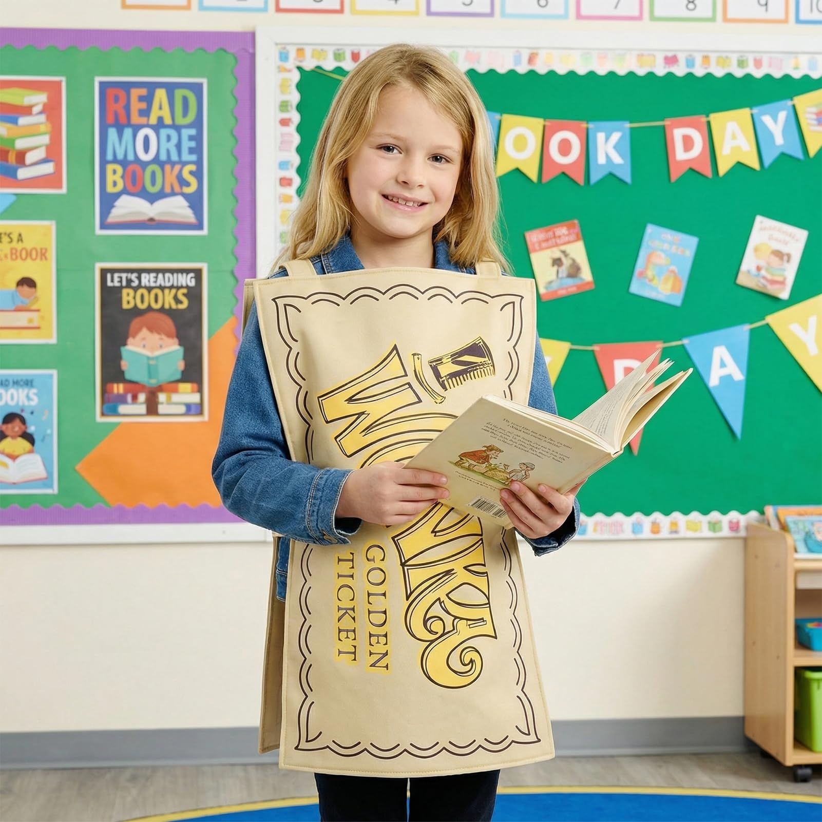 Aleshime Childs Chocolate Factory Golden Ticket Tabard Costume, Wonka Bar Tabard Fancy Dress Age 3-12 Years(Length-150cm) - Image 2