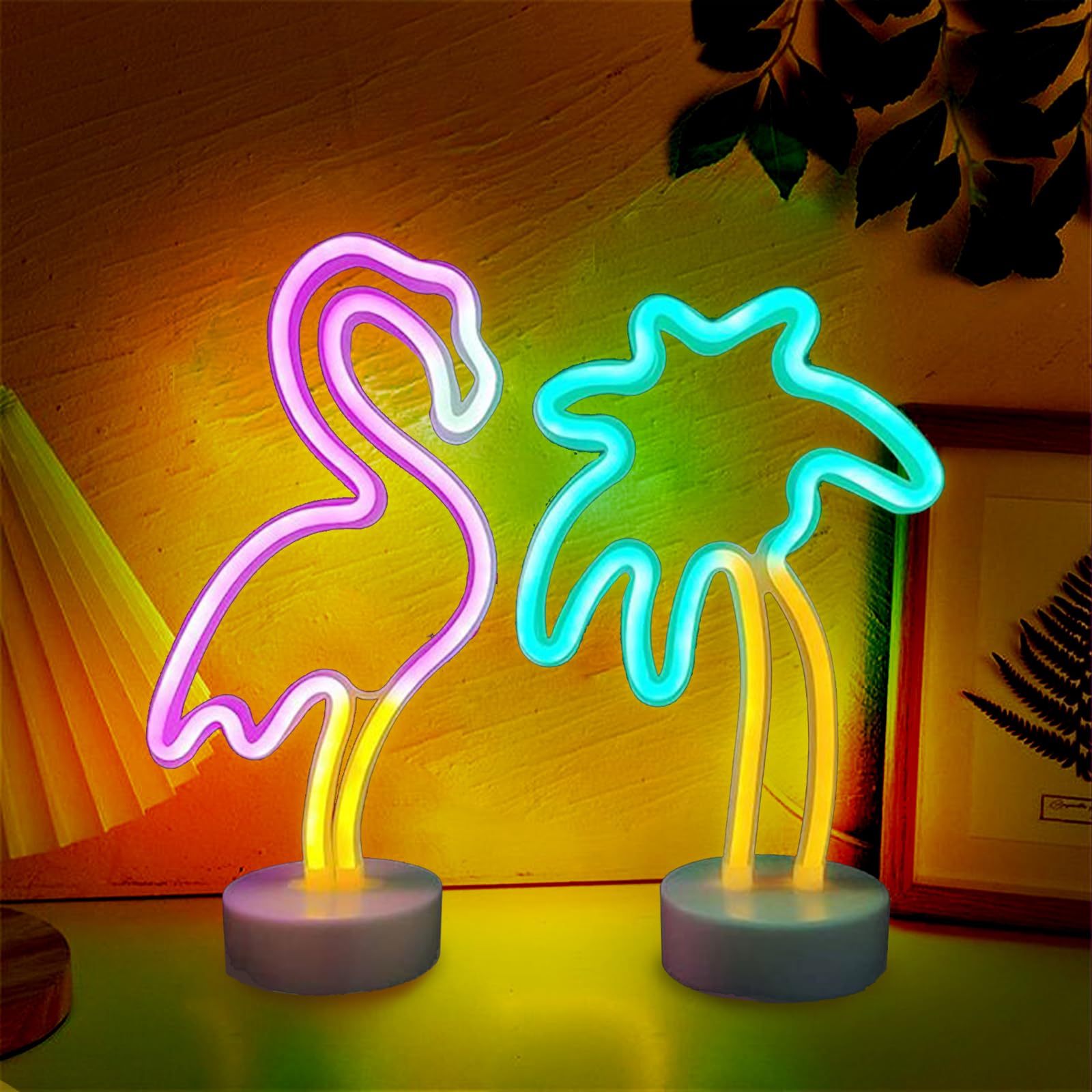 UrsaMajor 2 Pack Neon Signs, Pink Flamingo & Neon Palm Tree, USB