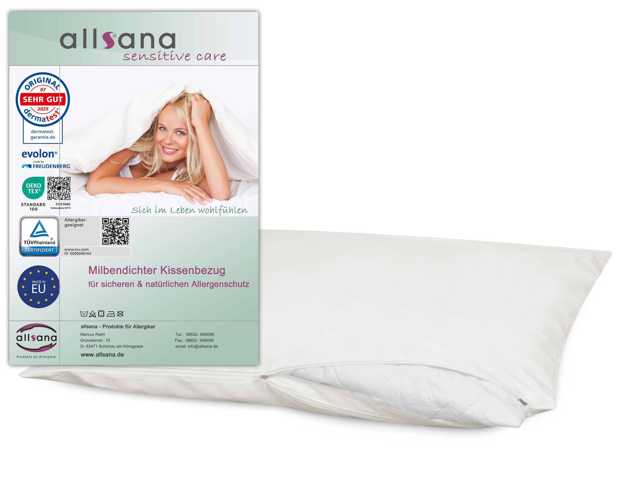 allsana Allergy Sufferers Pillowcase 40 x 80 cm | Allergy Bed Linen | Anti Mite Encasing | Mite Protection for House Dust Allergy Sufferers | Allergy-Proof Intermediate Cover for Pillow | TÜV Tested