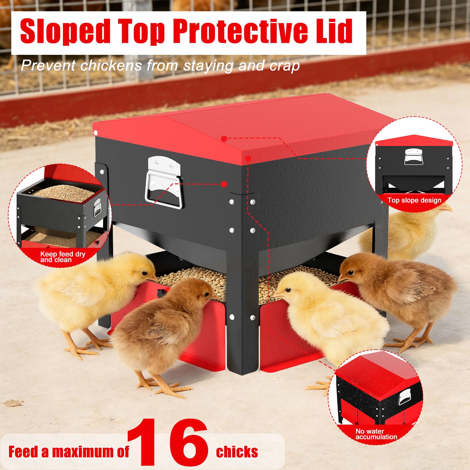 Comedero automático de pollo de 100 libras, acero galvanizado, resistente a la intemperie y tapa segura, comedero de aves de corral de gran capacidad para uso en exteriores, caja de alimentación sin