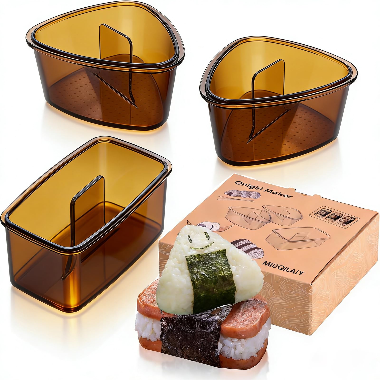 3PCS Clear Amber Onigiri Rice Ball Mold Maker Kit, Musubi Press, Triangle Sushi Press for Kid Lunch Bento, Non-stick, BPA-Free