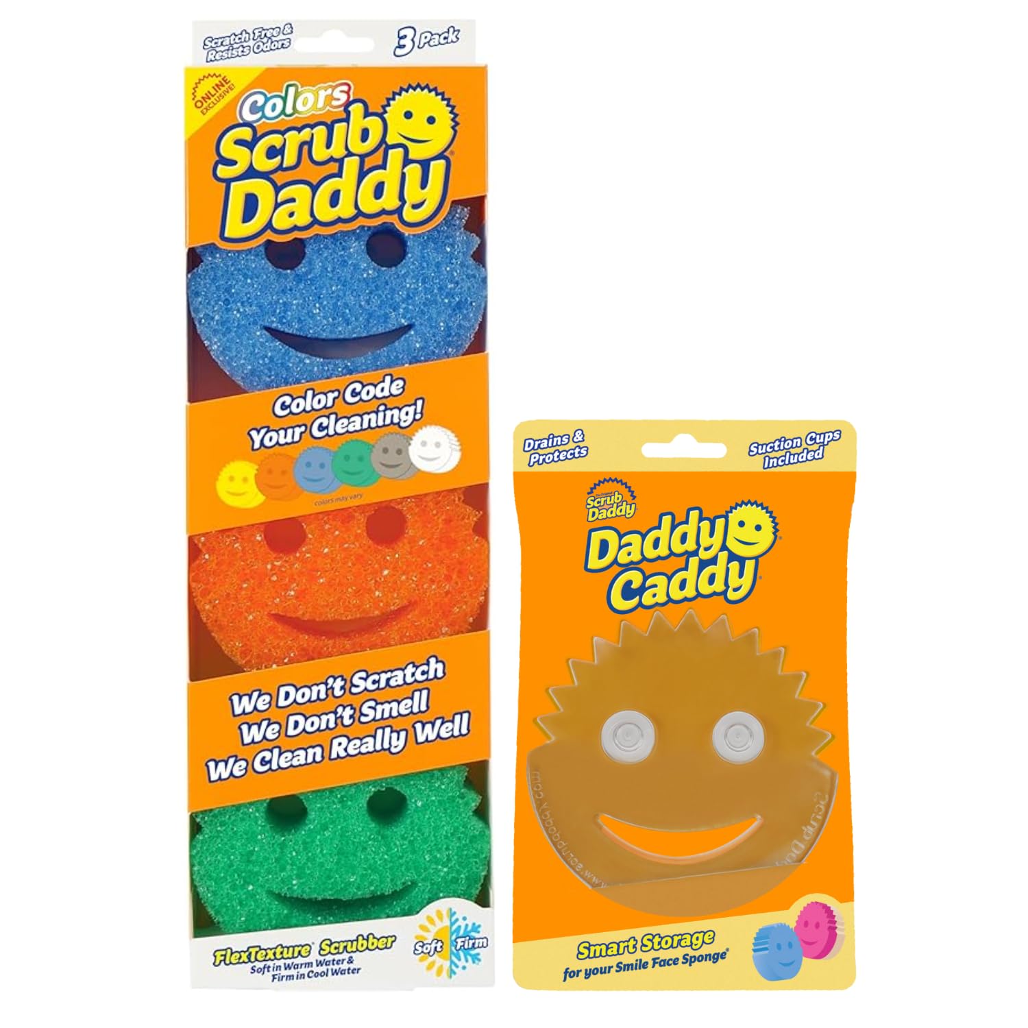 Scrub DaddyColors 3ct + Daddy Caddy - Scratch-Free Multipurpose Dish Sponge + Sponge Holder - BPA Free & Made with Polymer Foam - Stain & Odor Resistant Kitchen Sponge