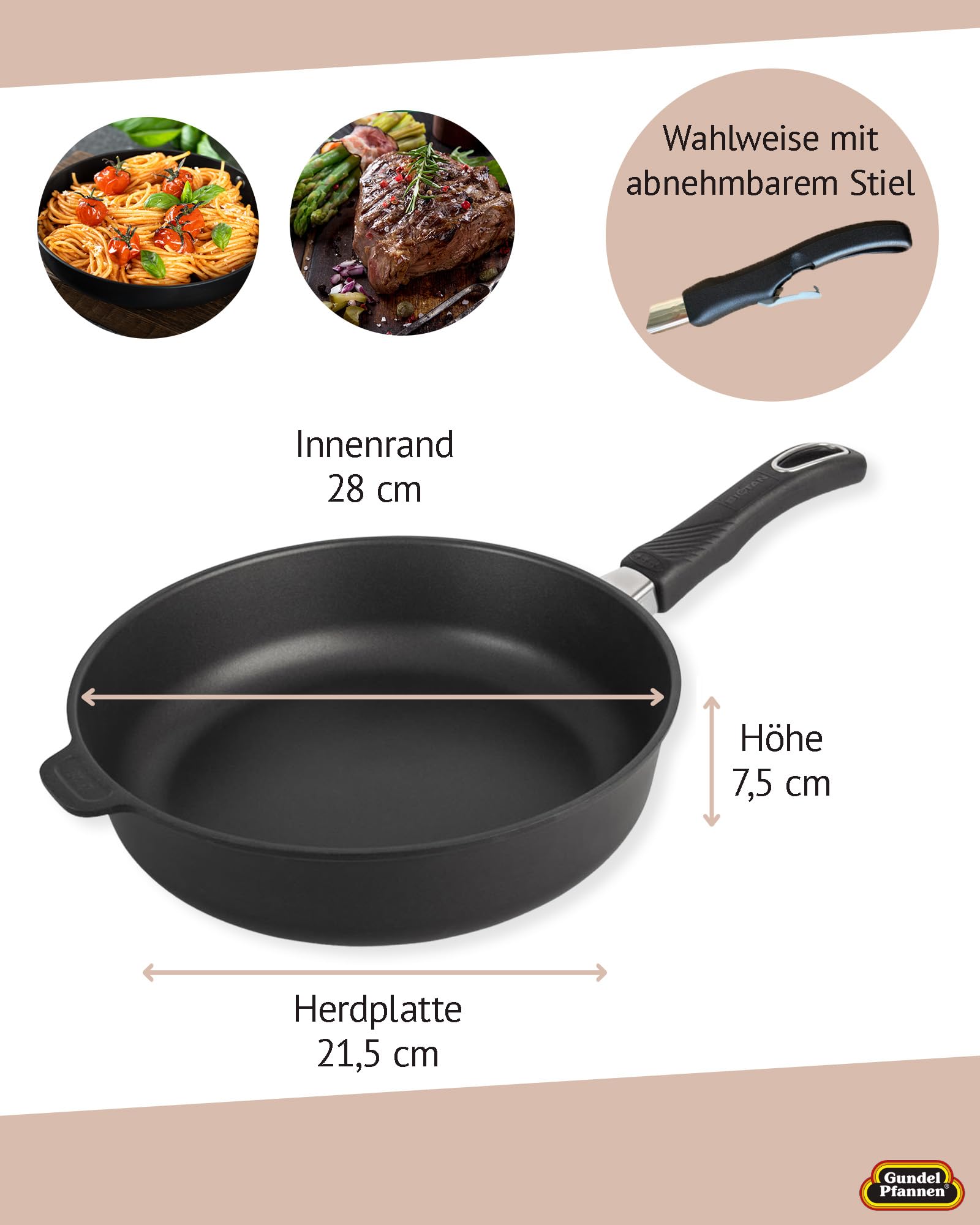 Original Gundel GUSS-BRATPFANNE hoch, Ø 28 cm, Höhe 7,5 cm, BIOTAN-Oberfläche, PFOA-frei, Akku-Therm Boden - fester Stiel