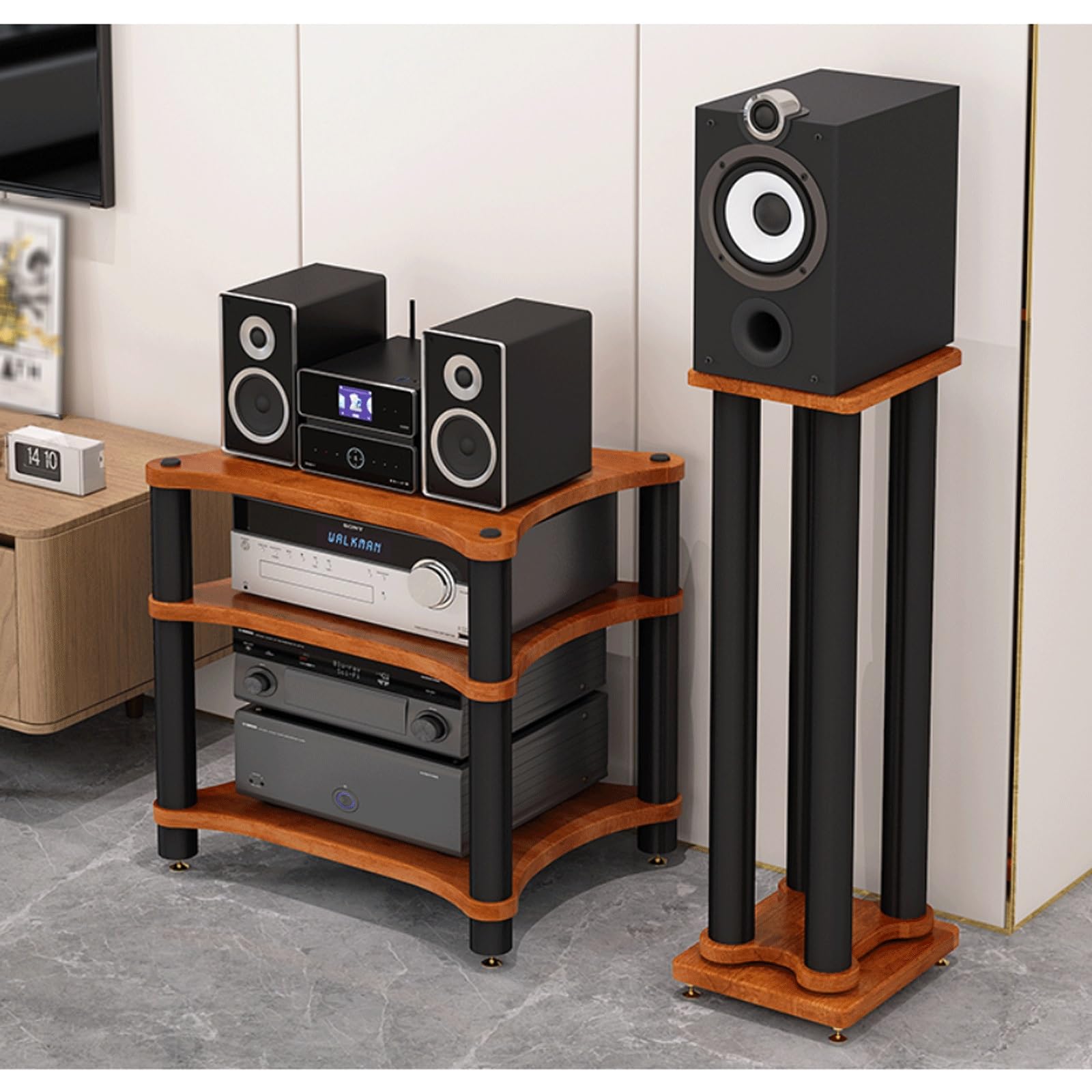 Meuble Hi-FI à 3 Niveaux avec Pieds amortisseurs, Rack Audio-vidéo en Bois pour Platine CD et Vinyle, élégant Meuble de Salon, Finition Noire, Support Robuste pour équipement Audio.