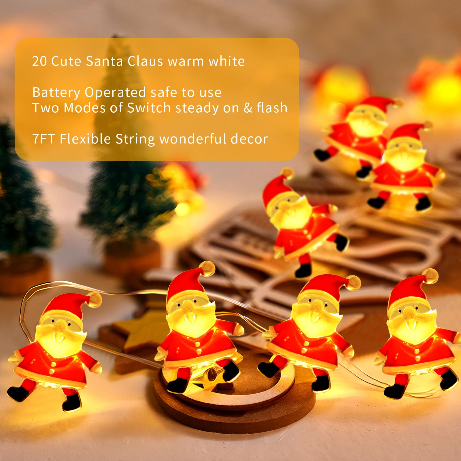 Eledreme Catena di luci per interni, 2 m, 20 LED, Babbo Natale, decorazione natalizia, per esterni, luce bianca calda, per feste, Natale, balcone