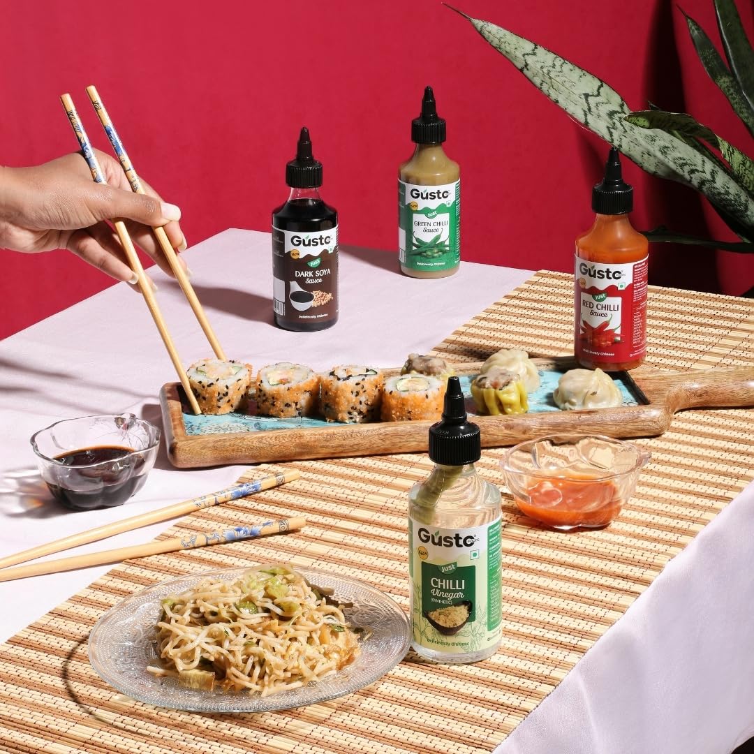 Gusto Foods Chinese Sauces Combo | Red Chilli 200g, Green Chilli 190g, Soya Sauce 310g & Chilli Vinegar 170ml | Asian Sauce Pack for Fried Rice, Noodles & More