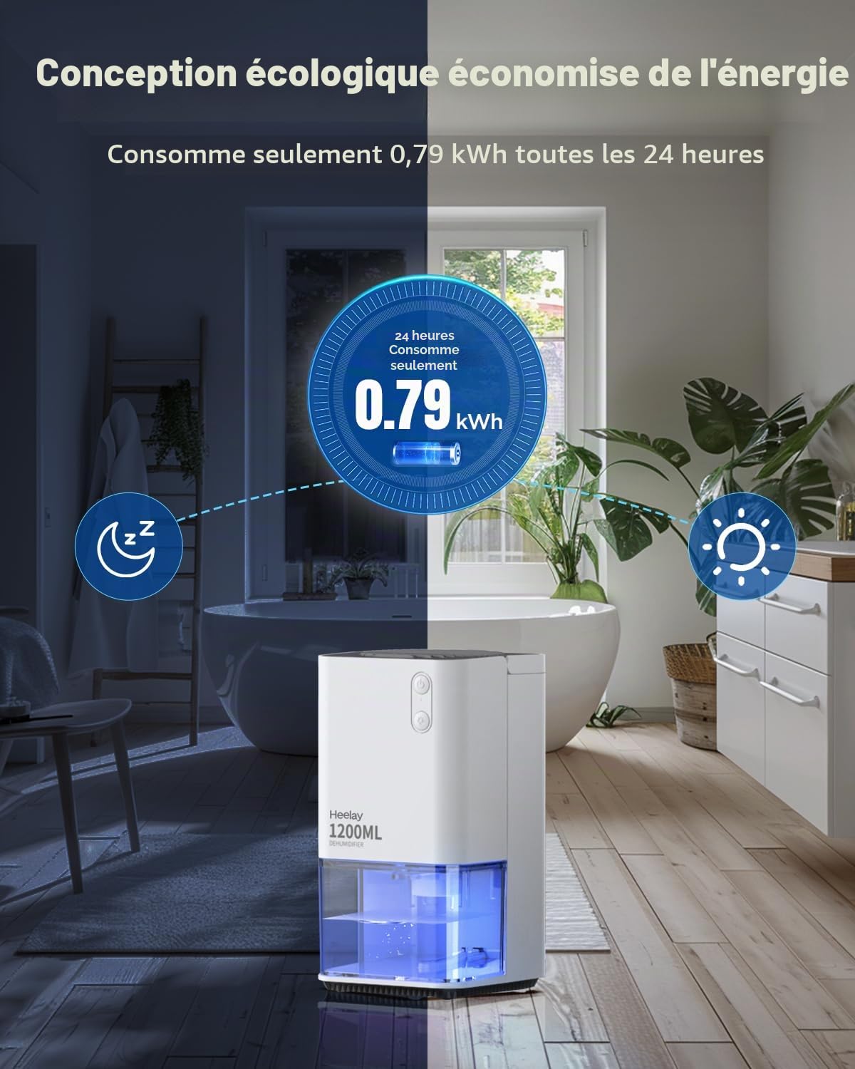 Déshumidificateur,1200ML Petit Déshumidificateur électrique à économie D'énergie de,Portable,Ultra Silencieux,Arrêt Automatique, éclairage 7 Couleurs,Pour Salle de Bain,Idéal pour 5–10 m²