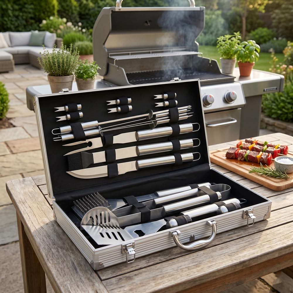 Mastercook - Kit Accessori Professionali In Acciaio Per Barbecue Con Valigetta, Set Accessori Bbq Con Pinze, Forconi, Spatola E Spazzole, Valigetta Attrezzi Barbecue