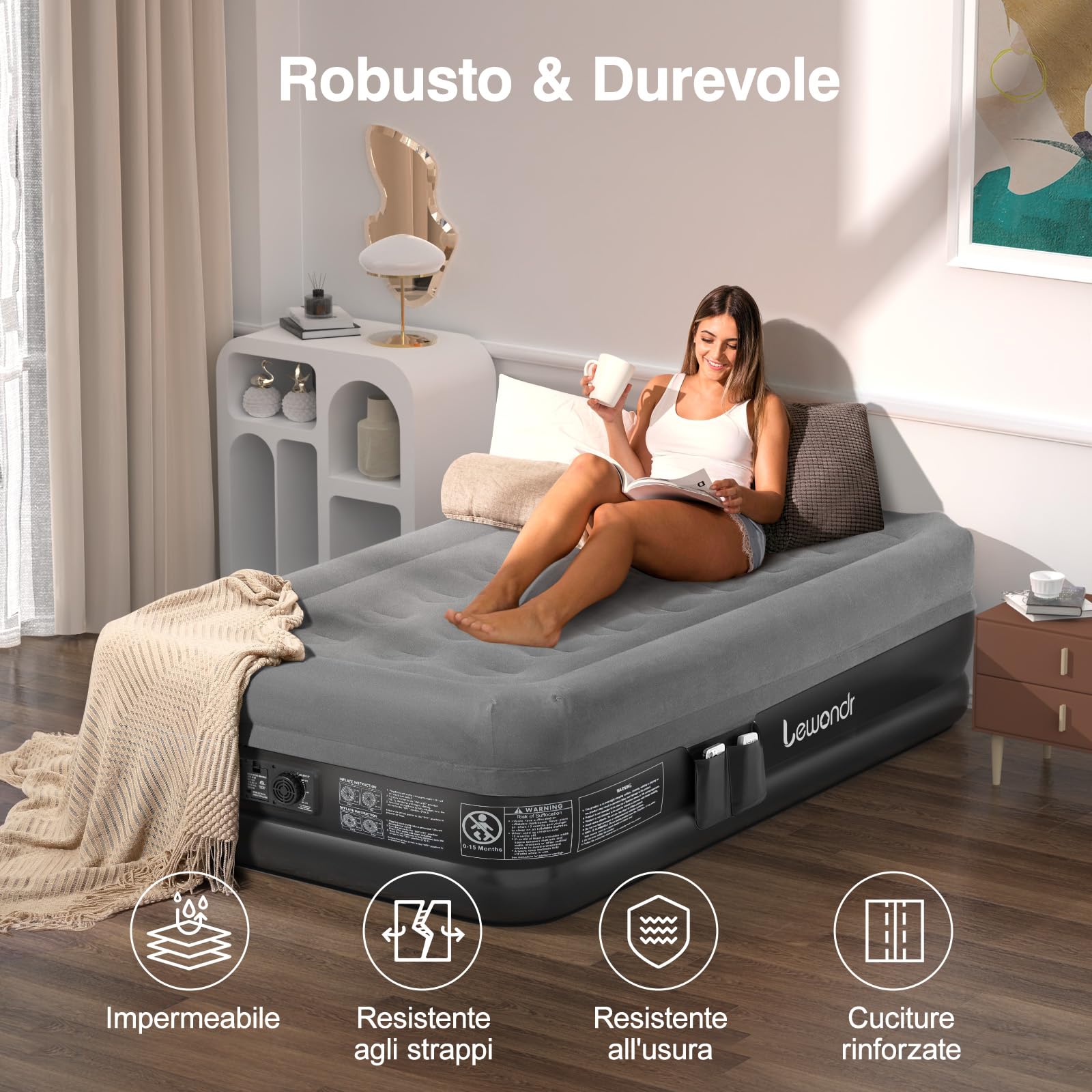 Lewondr Materasso Gonfiabile Singolo con Pompa Integrata, 191x99x46CM Materasso Gonfiabile Durevole Regolabile, Materasso ad Aria Veloce da 2 Minuti per Campeggio Casa Viaggio(250kg MAX), Grigio