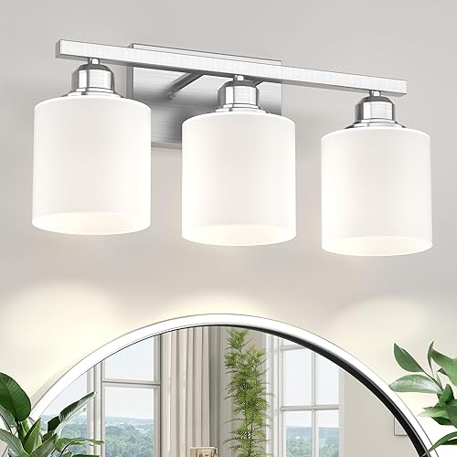 Miniatura 7 de Sailstar Lámparas de baño, luces de tocador de níquel cepillado, 3 luces, modernas luces de baño sobre espejo, pantalla de vidrio y acabado de