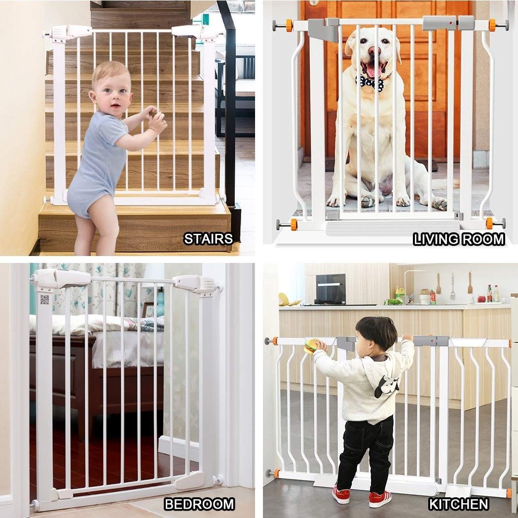 Baby Gate ochrona drzwi przed dziećmi, ochrona przed dziećmi, ochrona przed zwierzętami domowymi, do użytku wewnątrz i na zewnątrz, ochrona przed uderzeniami, podwójny zamek, samozamykający się (kolor: biały, rozmiar: 194-201 cm)