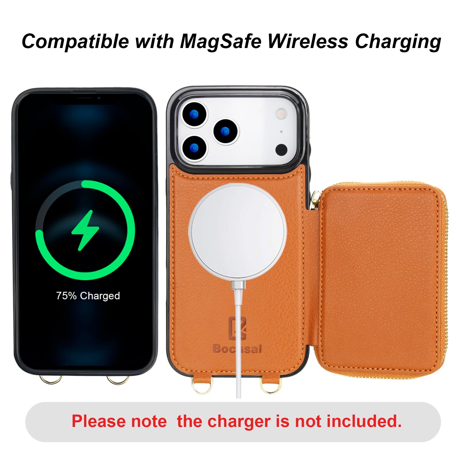 Bocasal MagSafe - Custodia a portafoglio a tracolla compatibile con iPhone 17 Pro Max, blocco RFID, custodia protettiva con slot per schede, cavalletto, cinturino da polso, cordino con cerniera, 17 cm