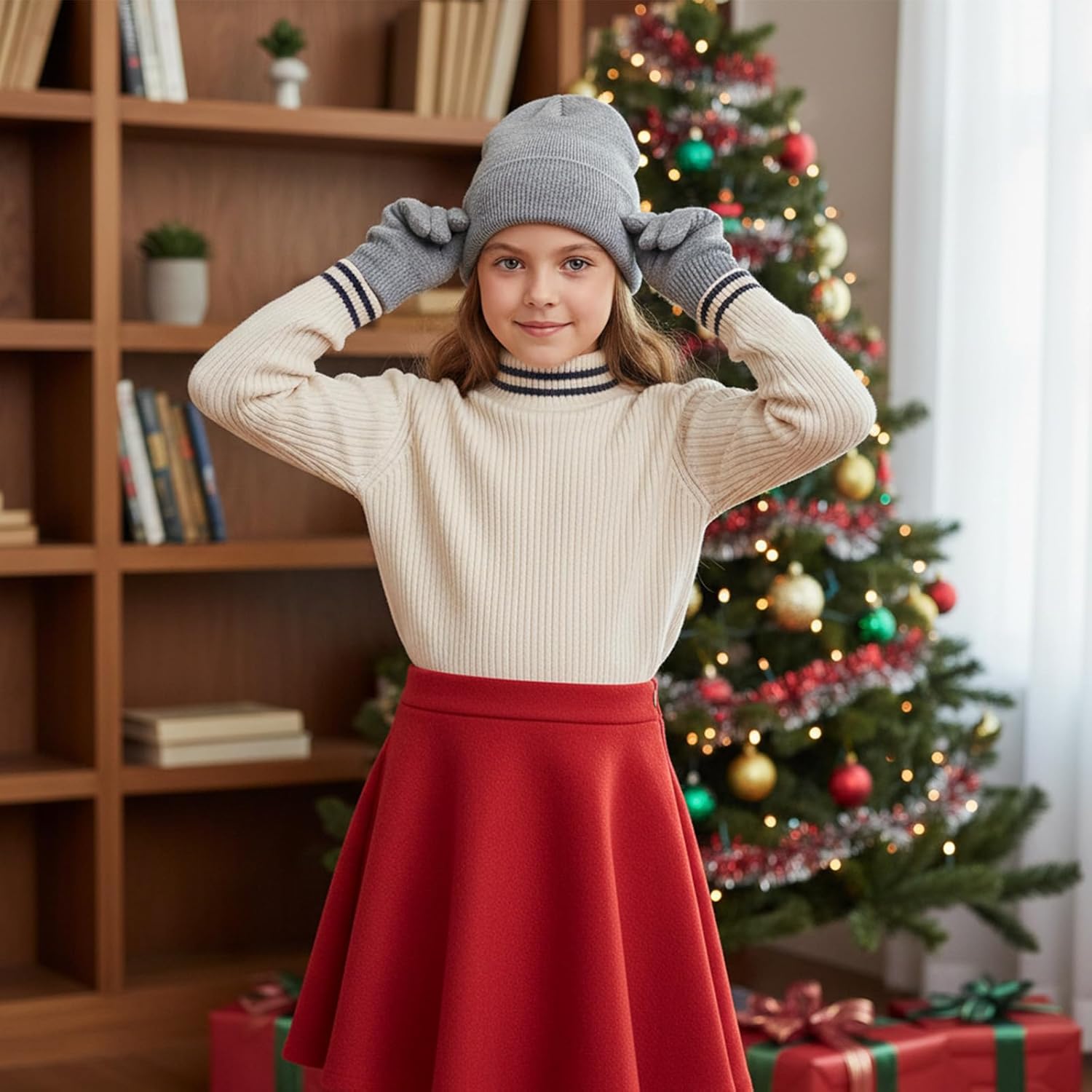 Kids Winter Beanies Hat and Gloves Set for Boys Girls, Warm Knitted Cap and Full Finger Gloves for Cold Weather - Image 5