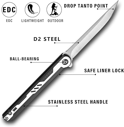 Miniatura 4 de Carimee Cuchillo plegable de bolsillo, con hoja de acero 5Cr15Mov de 3.8 pulgadas, mango de acero inoxidable, cuchillo delgado EDC para caballeros