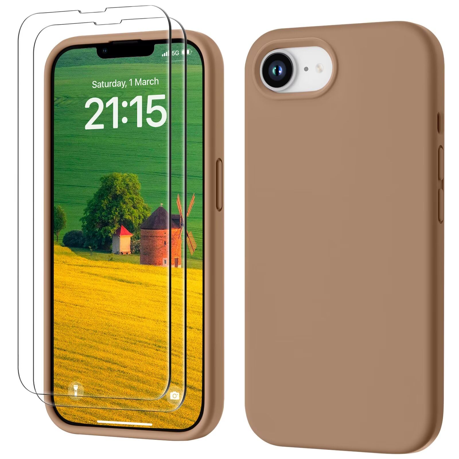 GOODVISH 3 in 1 Silicone Cover per iPhone 16e 6.1", Custodia con 2 Pellicola Vetro Temperato [Protezione Fotocamera] Protezione Anticaduta Case per Cellulare Antiurto Resistente, Marrone