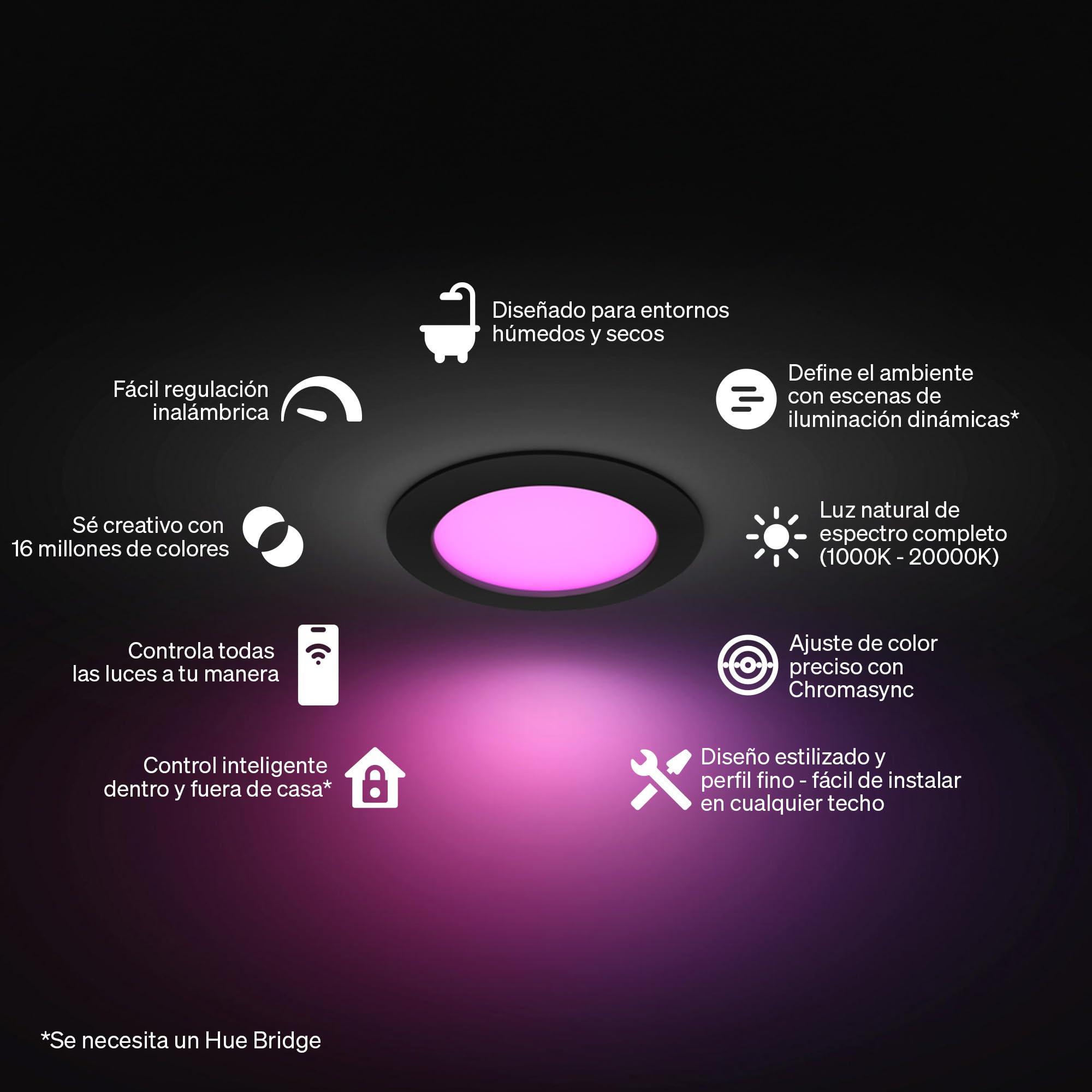 Philips Hue Slim Downlight, Plafón LED Empotrable, 1500 lm, 170 mm, Diseño Delgado, Espectro Luz de Día 1000K-20000K, Regulación Ultrabaja, Color Preciso, Iluminación Inteligente, Negro, Pack de 3