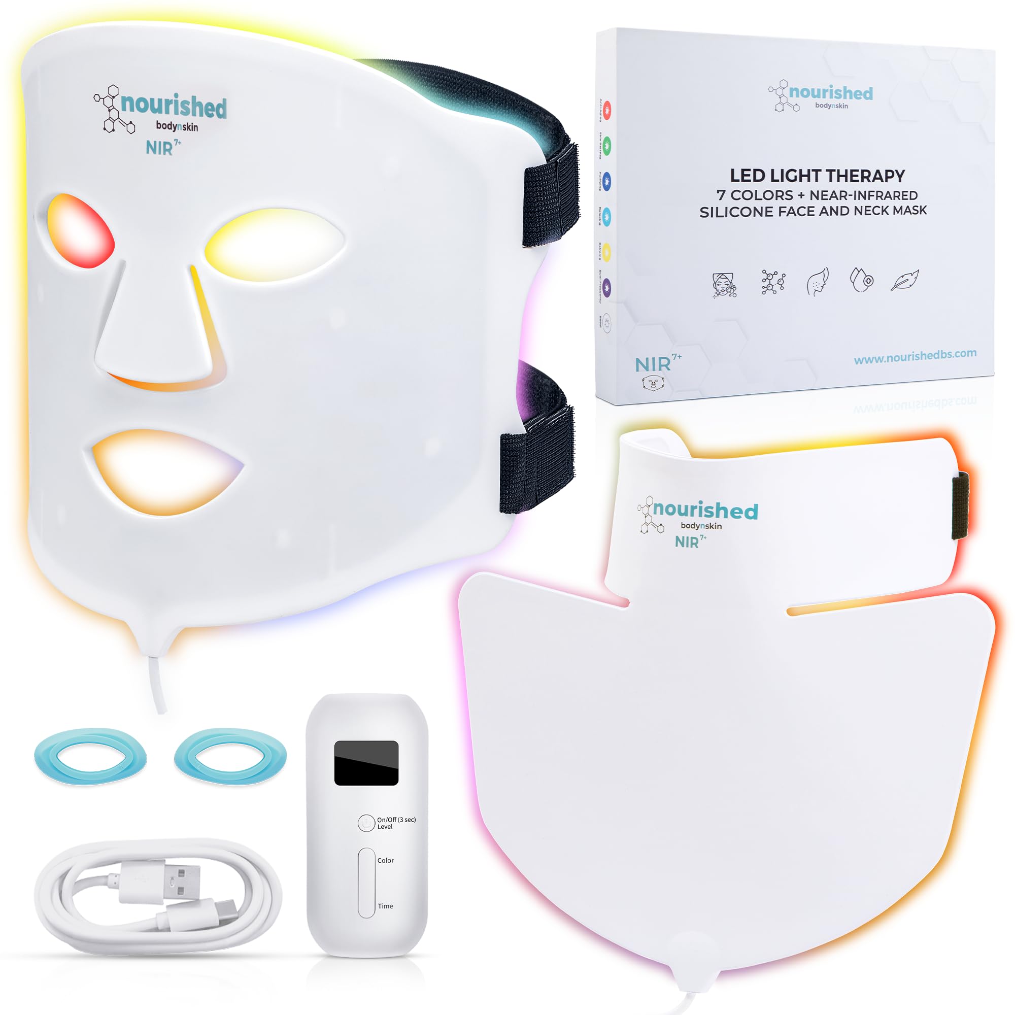 Nourished Bodynskin 7 Colors LED Face and Neck Mask with Near-Infrared, Blue, Red Light Therapy for Face, 228 LEDs