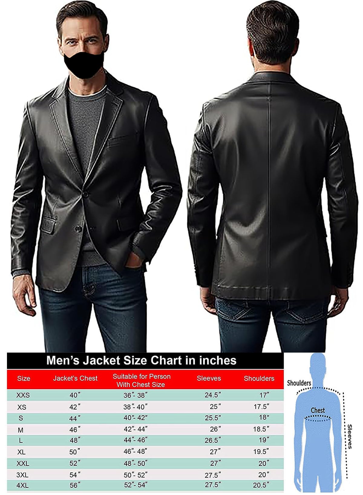 Fancyd Męska czarna skórzana marynarka - slim fit 2 guziki codzienna kurtka biznesowa