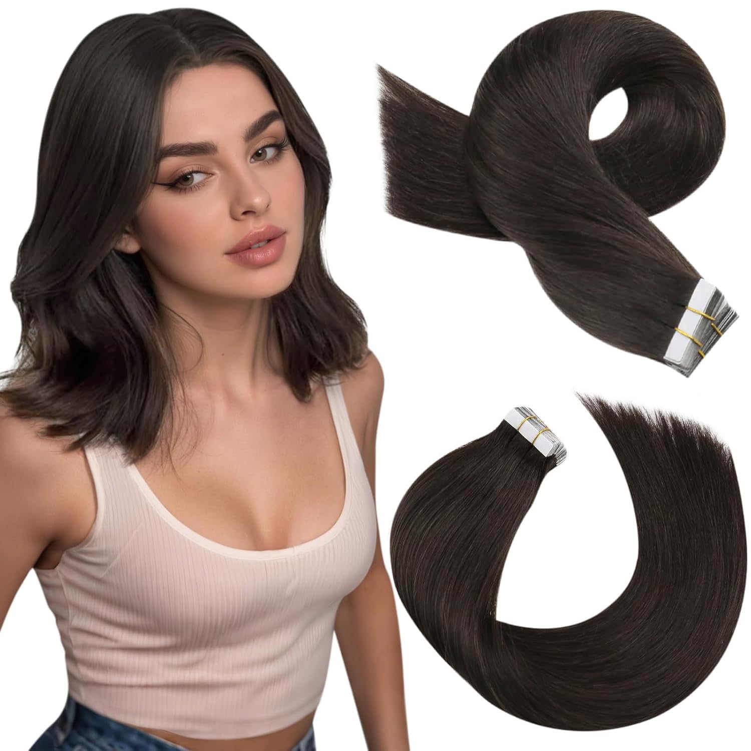 Moresoo Tape Hair Extensions Real Human Hair 18 Inch Jet Black Human Hair Extensions Tape in Black Remy Hair Straight Silky Soft for Women Natural Looking 20pcs/50g #1 — view 28