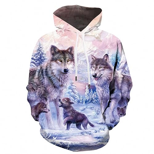 KYKU Wolf Hoodies for Men Pink Hoodie 3D Women Sweatshirt