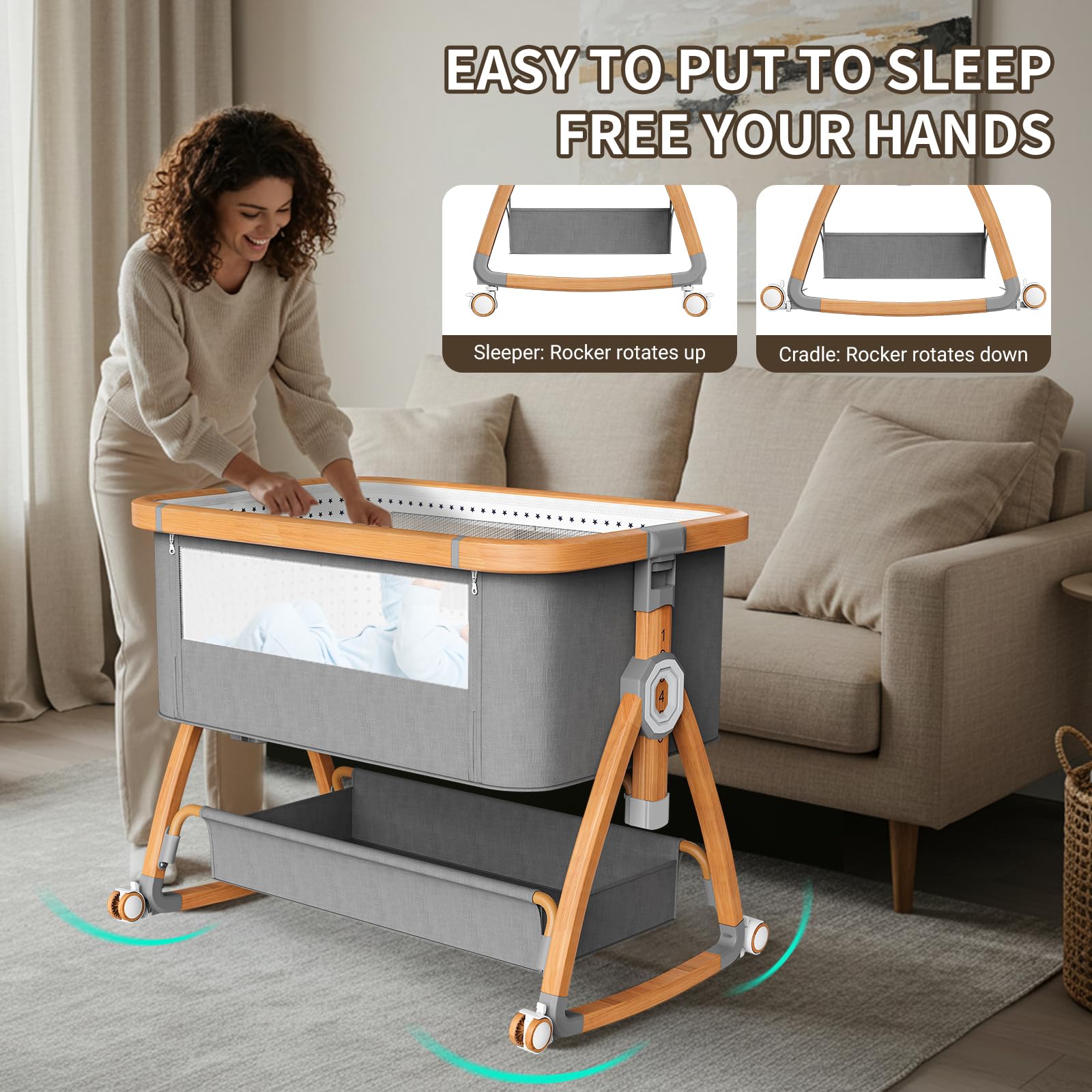 NIKYJM Culla Neonato Lettino,3 in1 Next To Me 6 Regolabile in Altezza con Materasso Morbido,Zanzariera e Culla per Bambini su Ruote Frenate Culla Next to me