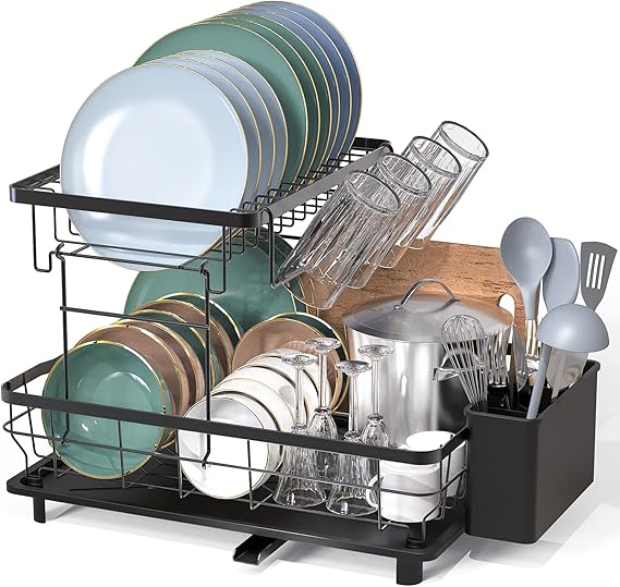 LIONONLY Large Dish Drying Rack with Drainboard, 2 Tier Stainless Steel Drying Racks for Kitchen Counter,Detachable Dish Drainer Organizer Shelf with Utensil Holder Set (Black)