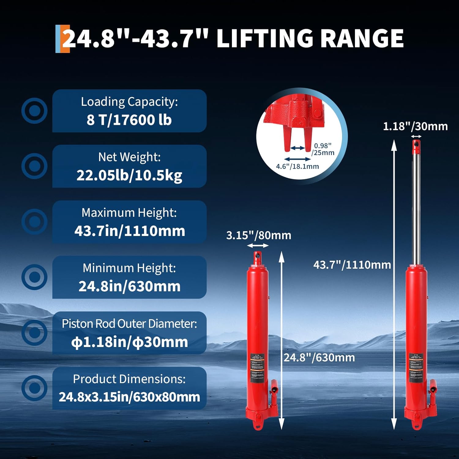 8 Ton Hydraulic Long Ram Jack, Engine Hoist Cylinder with Single Piston Pump & Clevis Base, Long Ram Jack for Engine Hoists, Garage Cranes, Farm, Mechanical Single Piston Pump Red