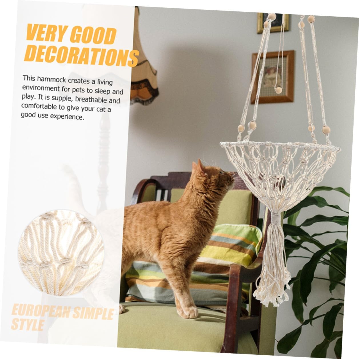 Yardwe Bohemian Woven Cat Hammock Hanging Bed 40cm Handcrafted Cotton Pet Nest for Cats and Kittens 20-30lbs Indoor Sleeping Lounging Accessory