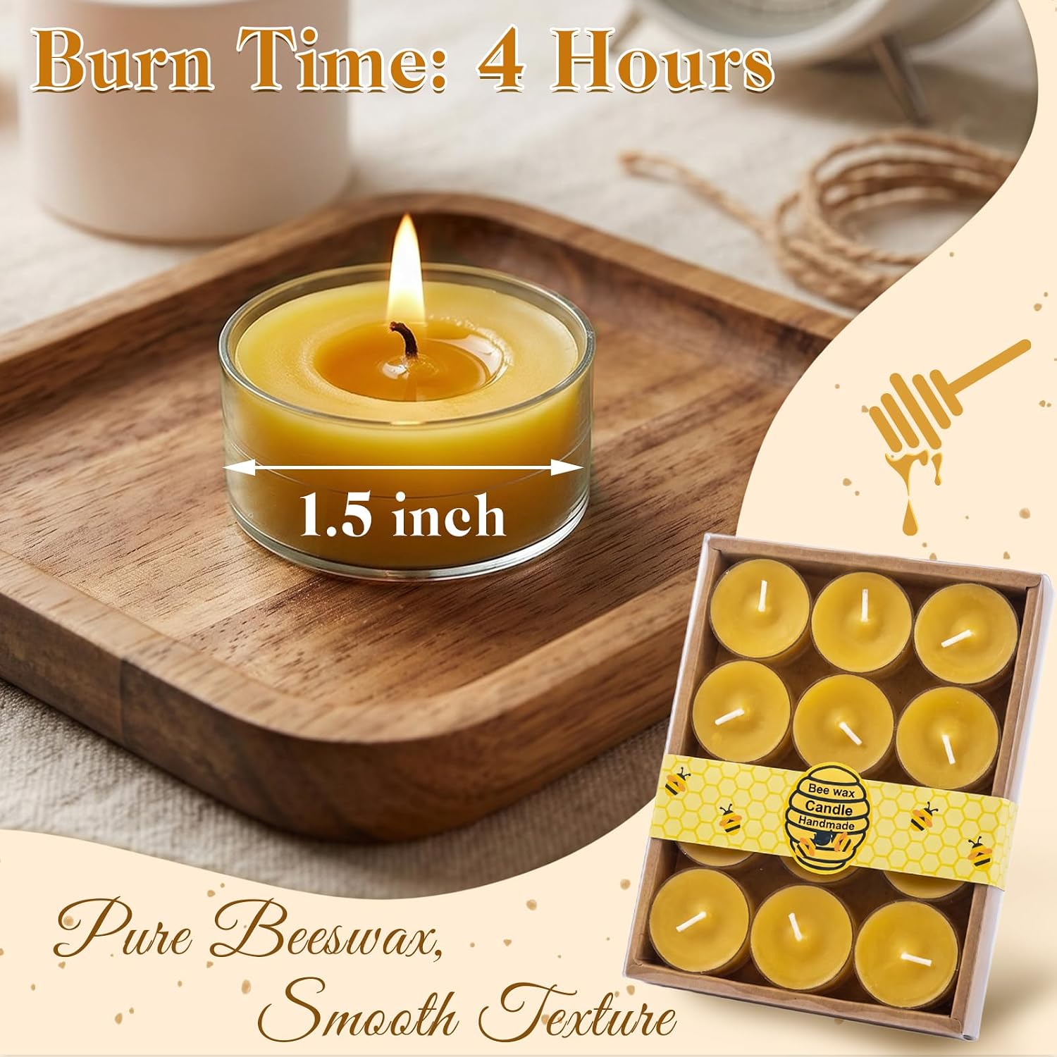 12Packs Beeswax Tealight Candles, 4-Hour Extended Burn Time, Natural Yellow