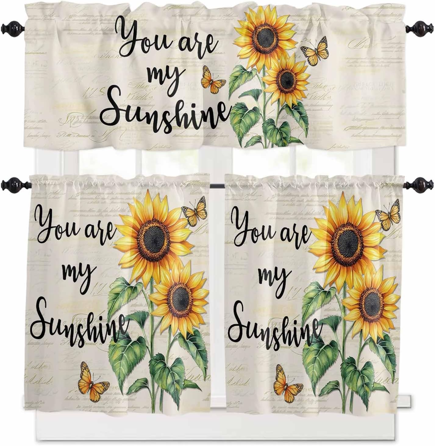 Kitchen Curtains Tiers and Valances Set, Sunflower Farm Sunshine Rod Pocket Short Window Curtains for Bedroom Bathroom Cafe, 3 Pieces, 54" W x 24" L Summer Butterfly Yellow