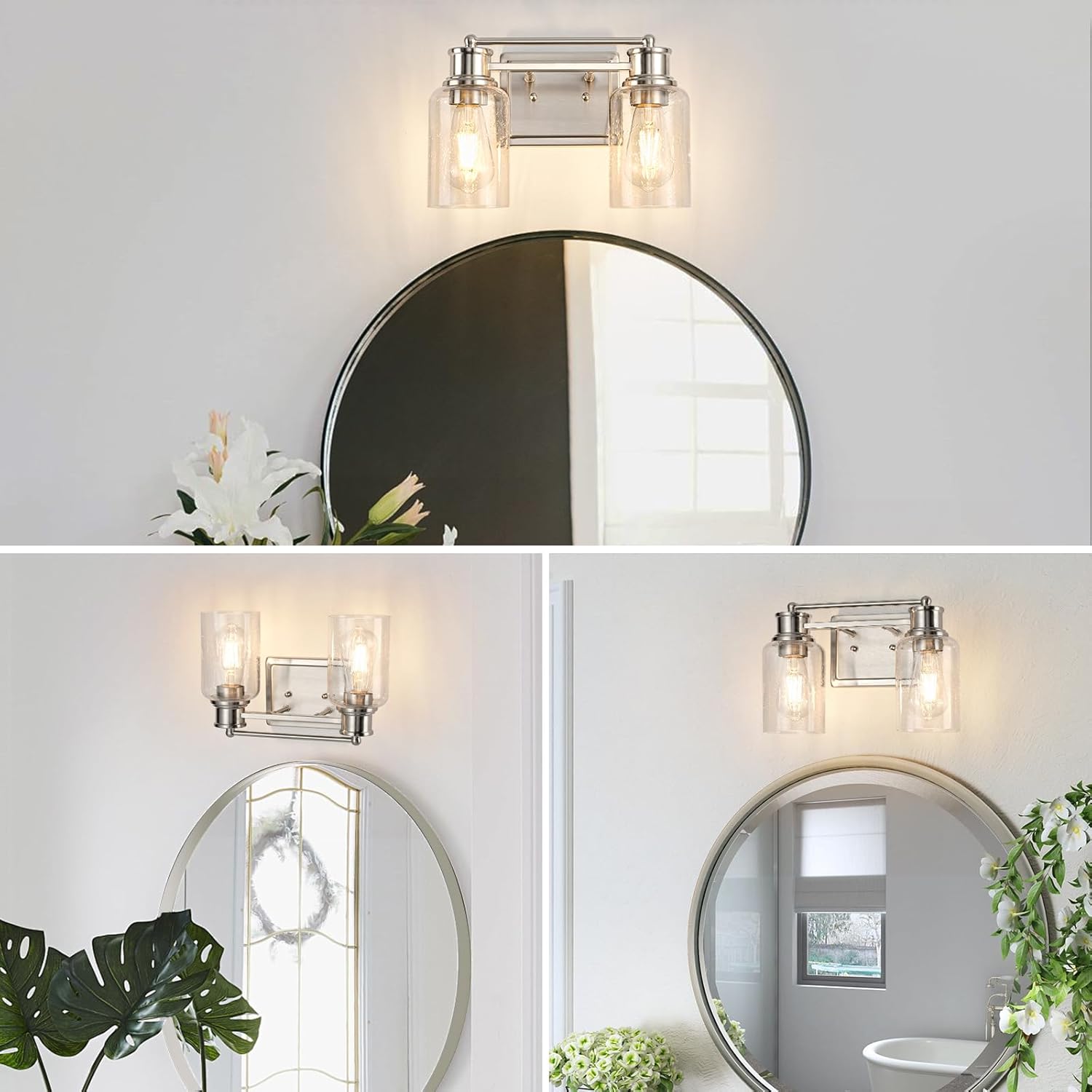 2-Lights Bathroom Vanity Light, Brushed Nickel Bathroom Light Fixtures Over Mirror with Seeded Glass Shades for Living Room Bedroom Hallway