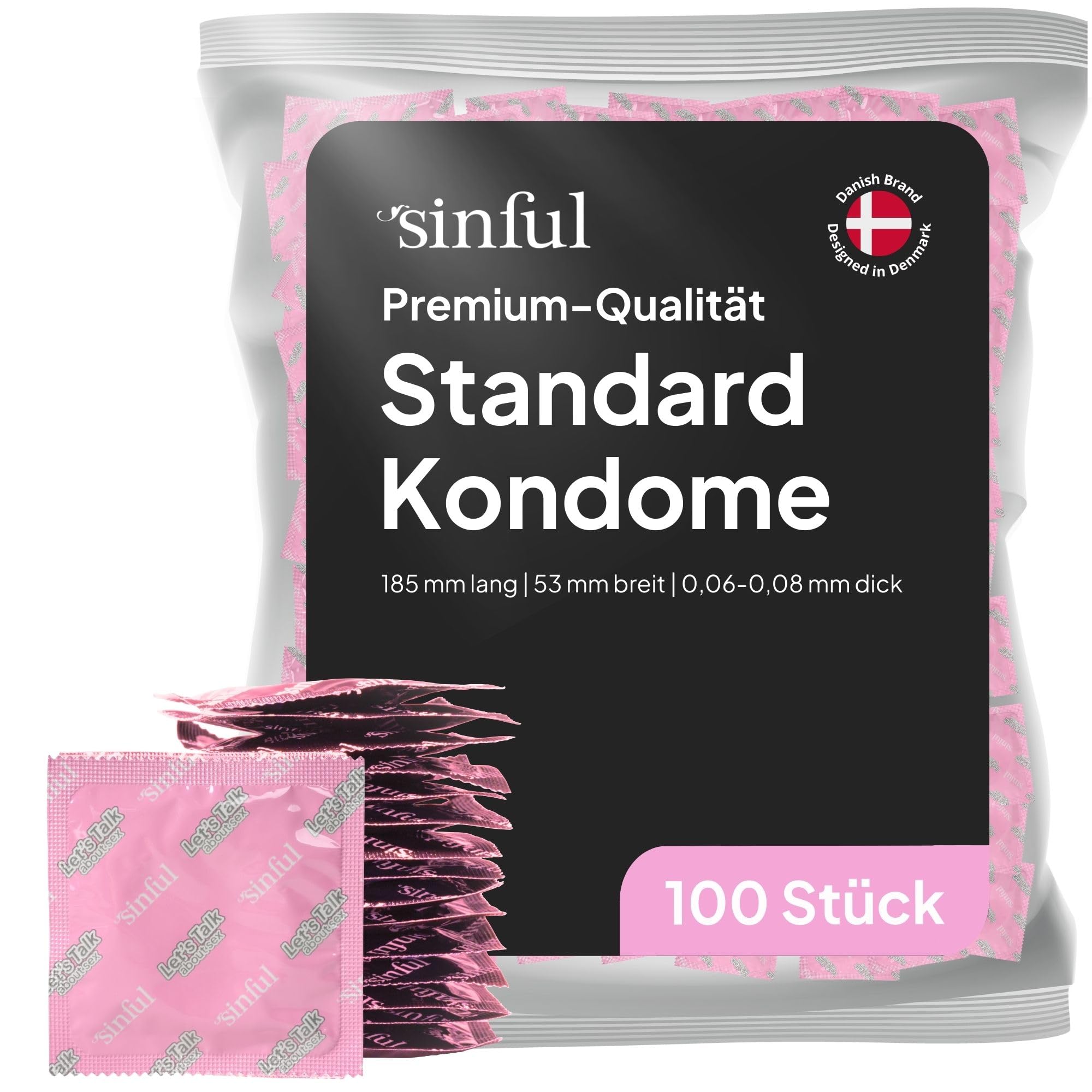 Sinful Kondome 100 Stück Packung - 53 mm Breite - Premium Condoms für Männer mit Gleitgel - 100 Kondome 53mm Umfang - Condoms for Men