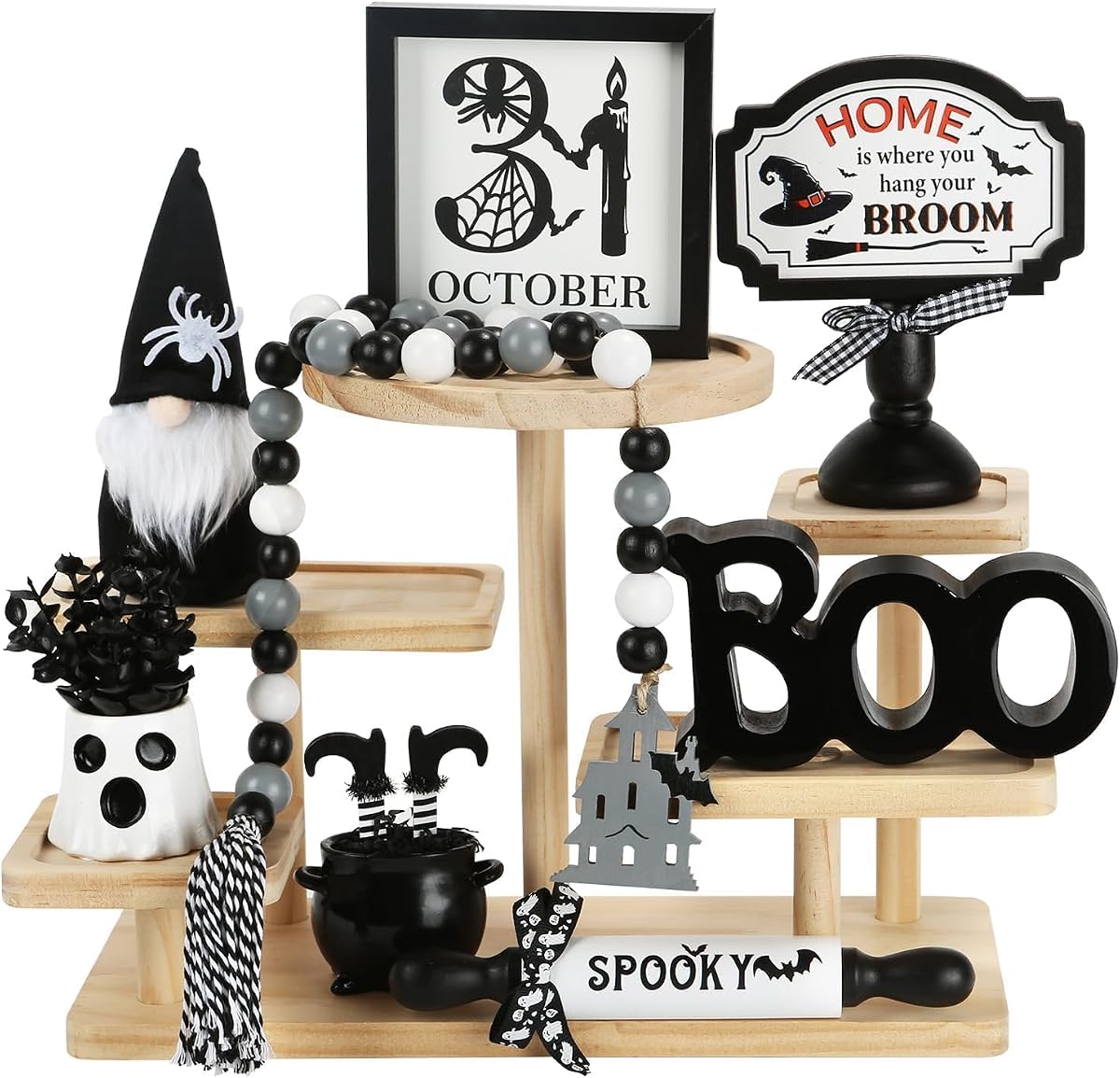 Halloween Decorations for Home Office 8PCS Farmhouse Tiered Tray Decor | Cute Tabletop Halloween Decor for Tray Shelf Mantel Coffee Bar Table Centerpieces Farmhouse Rustic Spooky Wood Signs