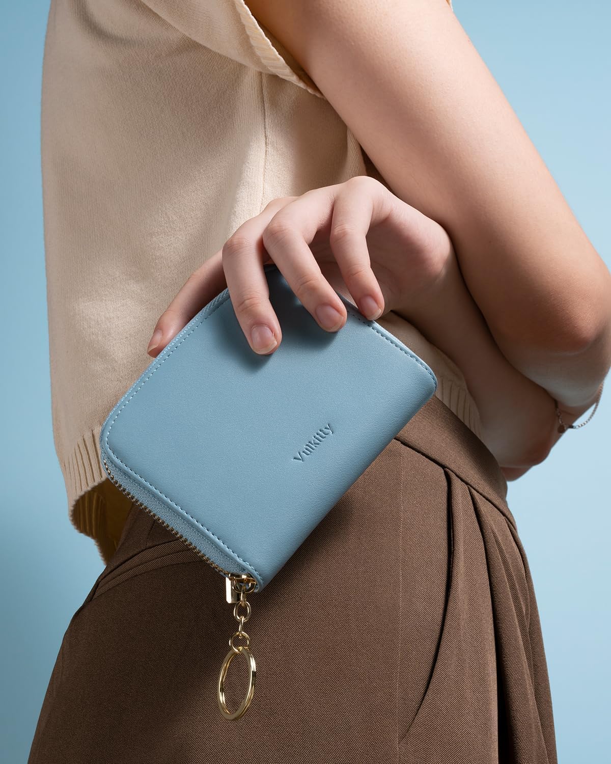 Vulkitty Small Wallet For Women RFID Blocking With Zipper Around Case Trifold Compact Leather Card Purse with Coin Pocket Blue - Image 5