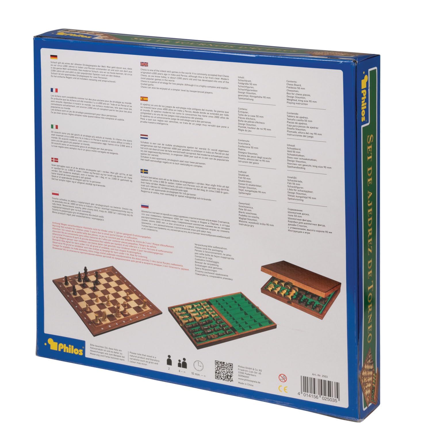 Philos 2503 - Schach, Schachspiel, Turnierschachset mit Schachbrett und Schachfiguren in Figurenbox, Feld 50mm, Königshöhe 90mm, Holz