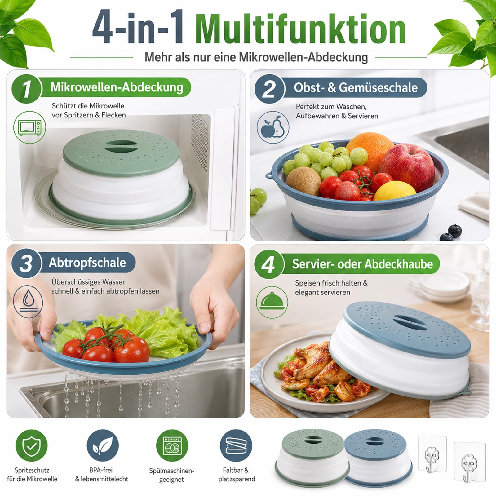 2 Piezas Tapa Microondas Plegable Con Ganchos, Para Salpicaduras, Frutas, Verduras (Gris, Azul)