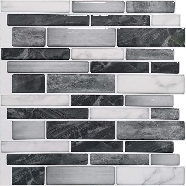 Amazon Brand  Umi 10-Sheet Peel and Stick Wall Tiles in Marble, 30cm x 30cm Faux Marble Tiles Premium Self-Adhesive Kitchen Wallpaper Splashback (Grey)
