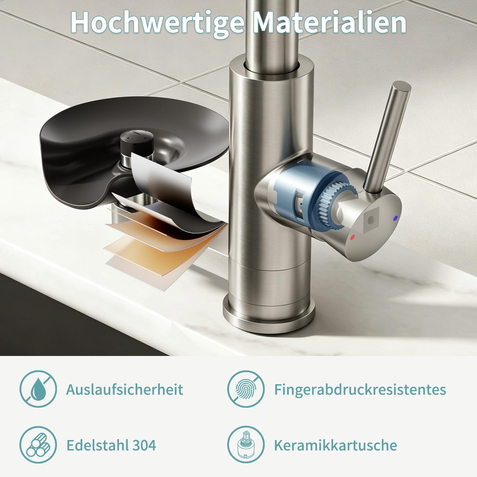 360° drehbarer Wasserhahn Küche ausziehbar mit Brause, wasserfall Mischbatterie Küche mit Gläserspüler, 4 Modi Spültischarmatur mit Glasspüler (Gebürstetes Nickel, Standardausführung)