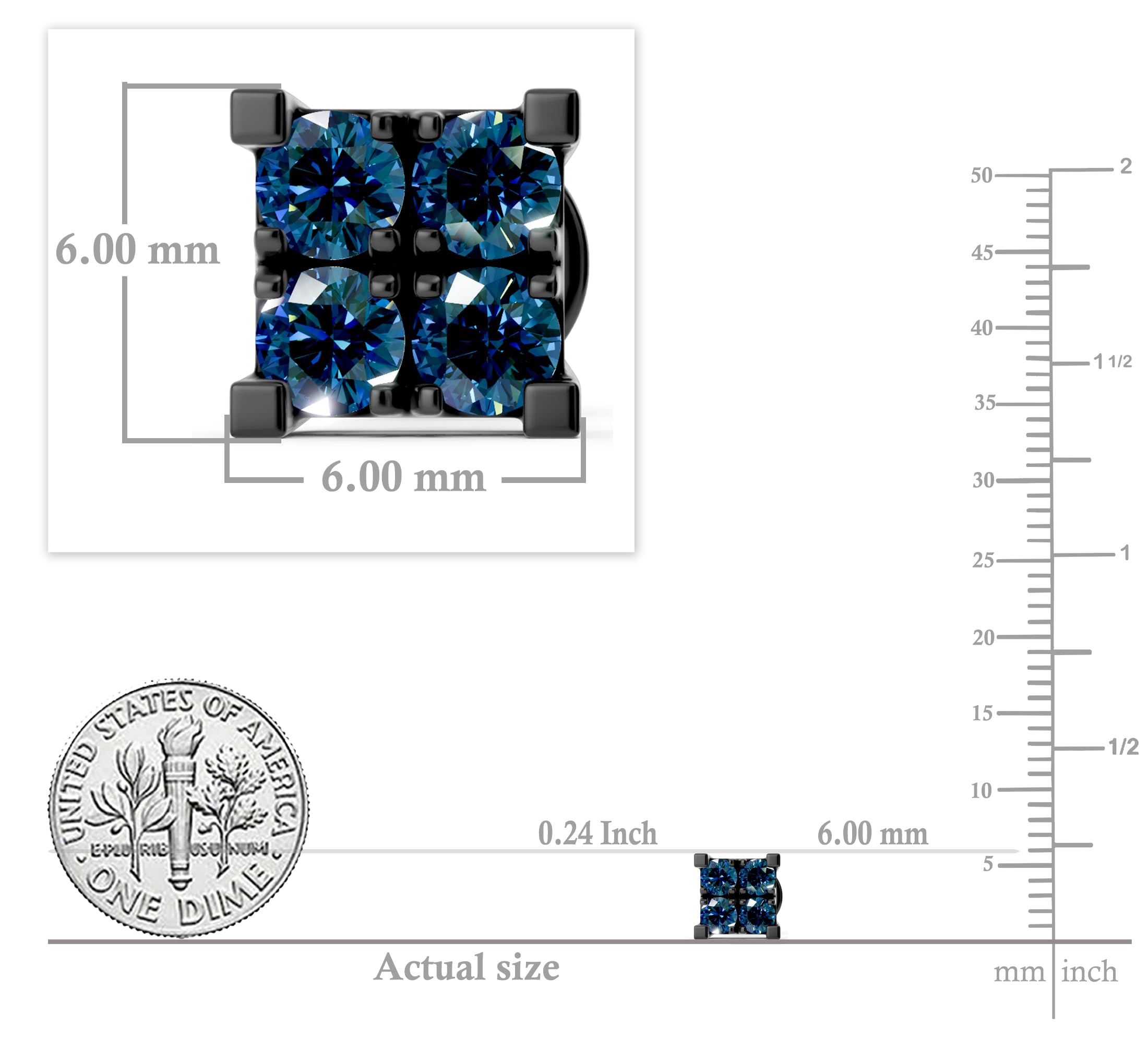 Dazzlingrock Collection 0.55 Ctw Round Blue Natural Diamond 6mm Square Hip Hop Iced Out Studs in Black Plated Sterling Silver, Unisex Design Ladies,Mens Real Natural Diamond Earrings: Screwback